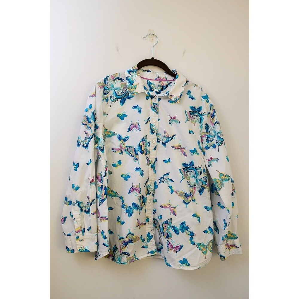 White Button down shirt Blue butterfly print‎ Cotton butterflies 1X